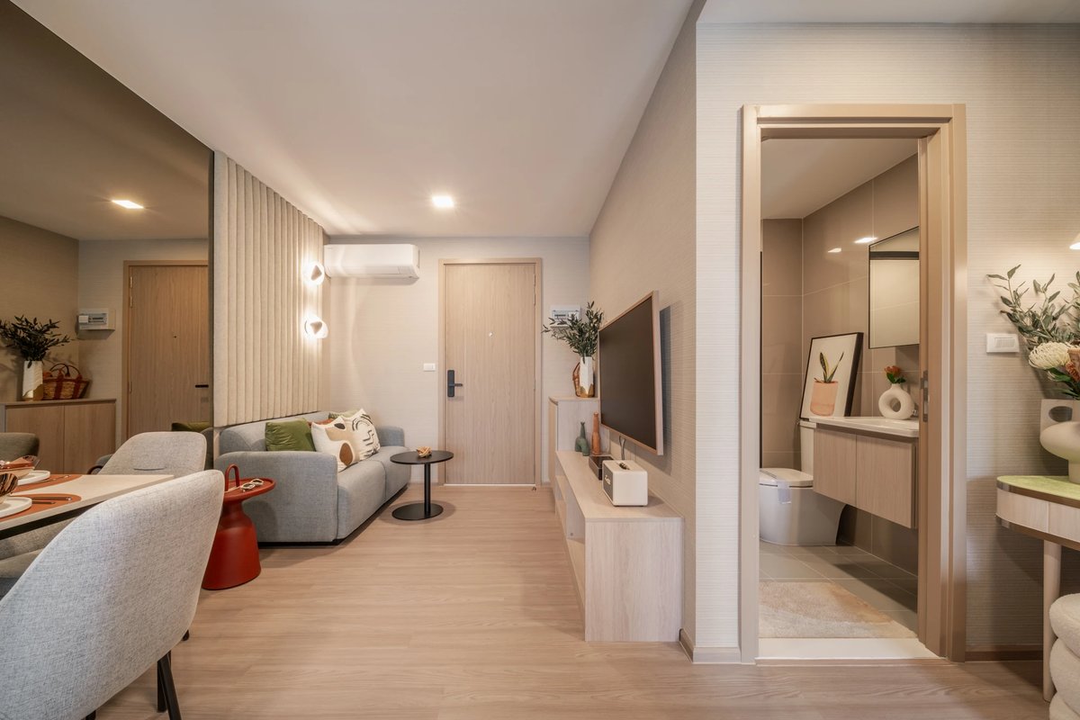 The Base Bukit — show unit living room and bathroom
